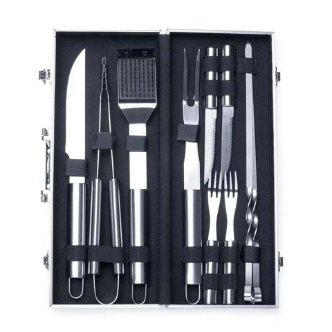 Kit Barbacoa 10 Piezas Pinchos Cubiertos Acero Inoxidable Estuche Aluminio